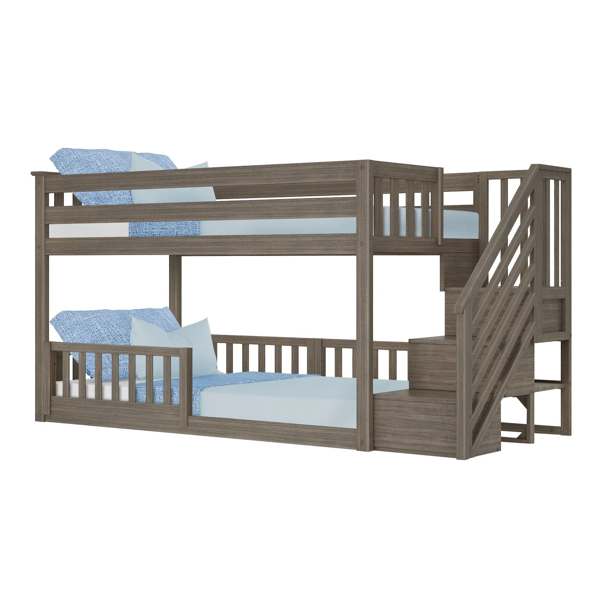 Twin Over Twin Low Bunk Bed With Stairs & Guardrails - Image 30