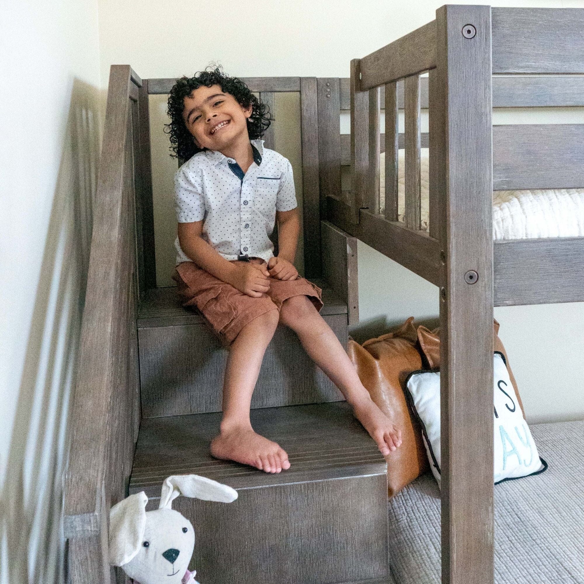 Twin Over Twin Low Bunk Bed With Stairs & Guardrails - Image 52