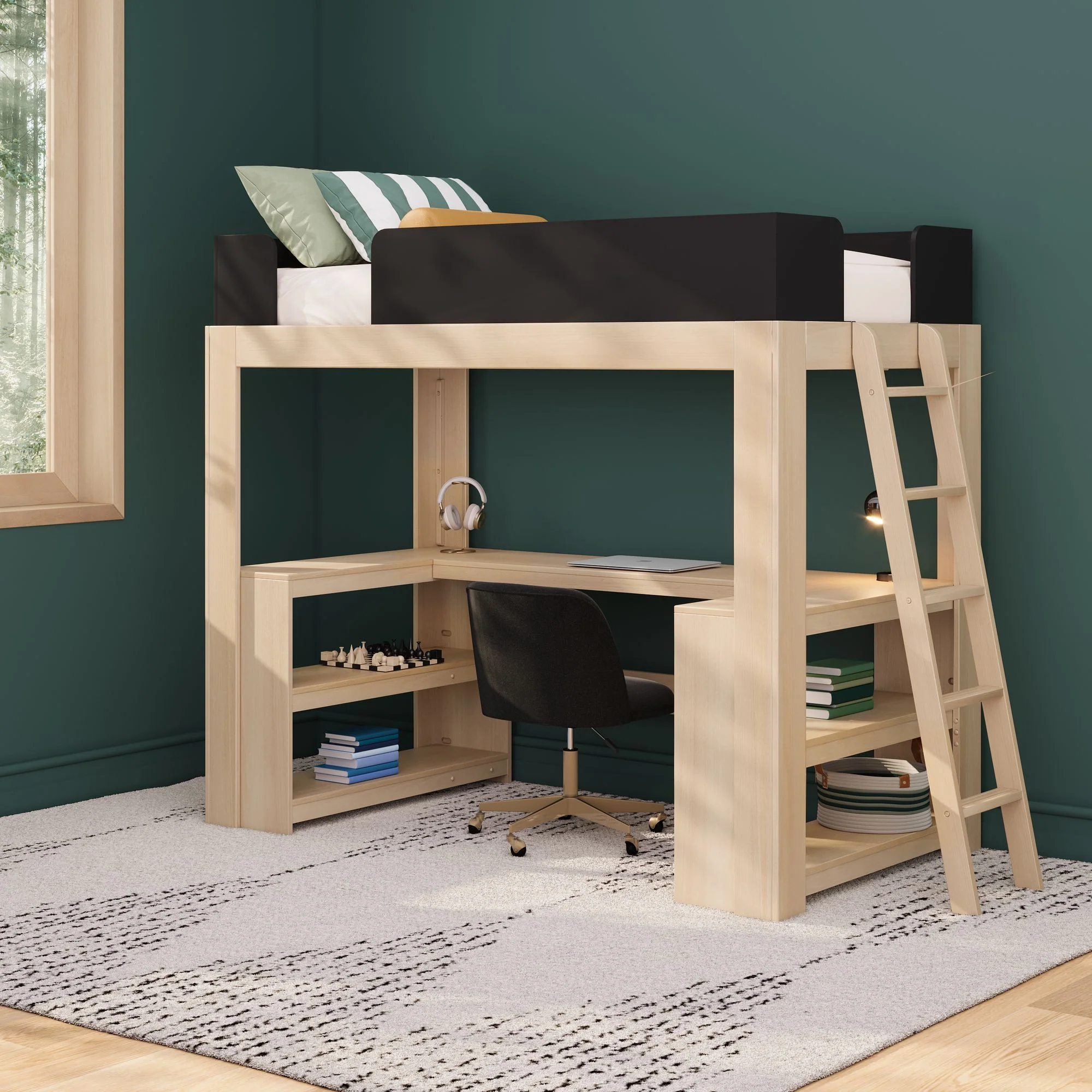 Mid-Century Modern Twin Loft Bed With Wraparound Desk