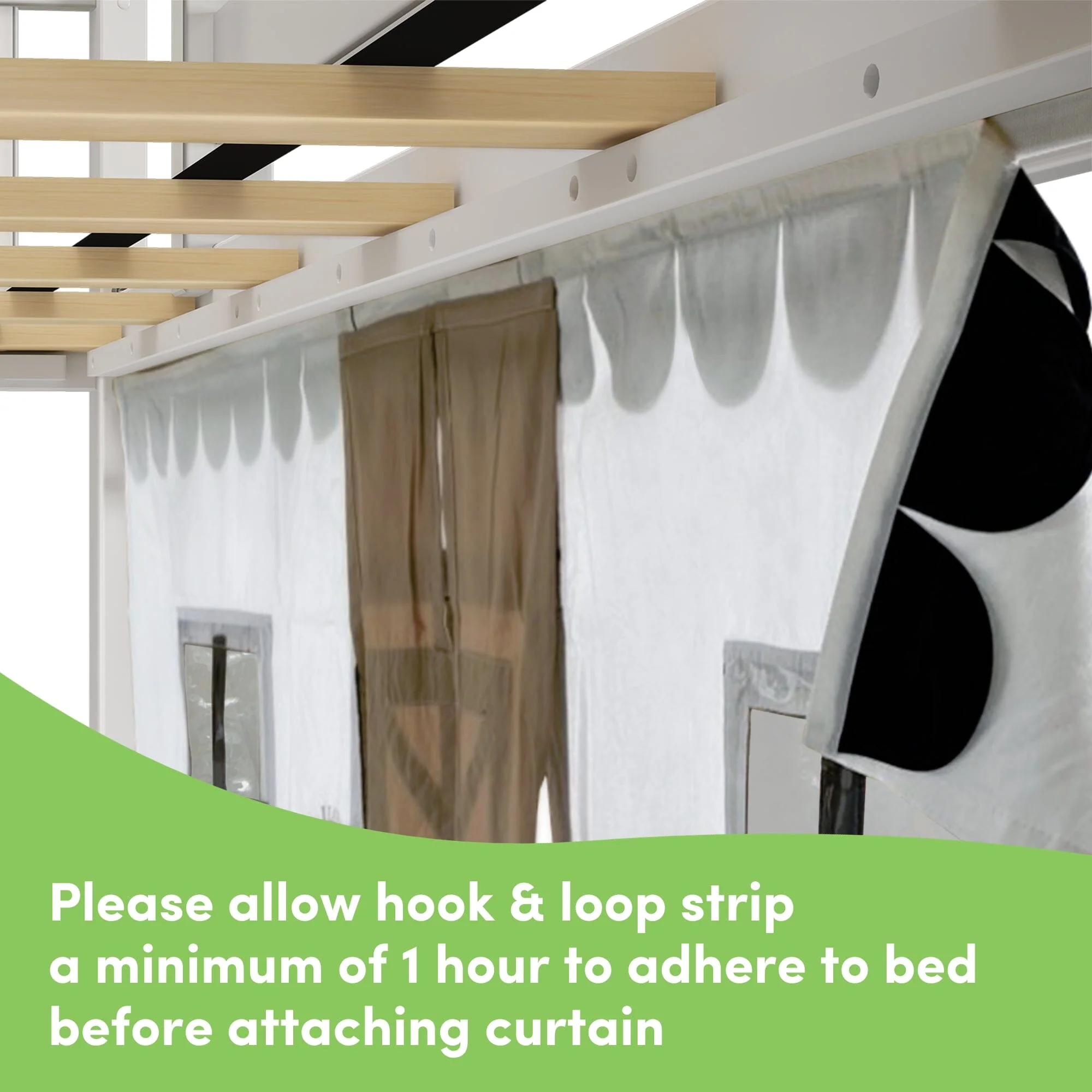 Twin Over Twin Low Bunk Bed with Slide & Black & White Farmhouse Curtain - Image 10