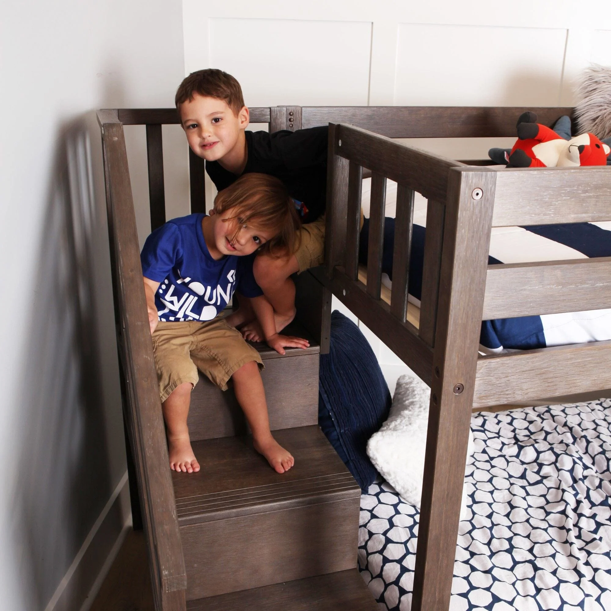 Twin Over Twin Low Bunk Bed With Staircase & Curtains - Image 33