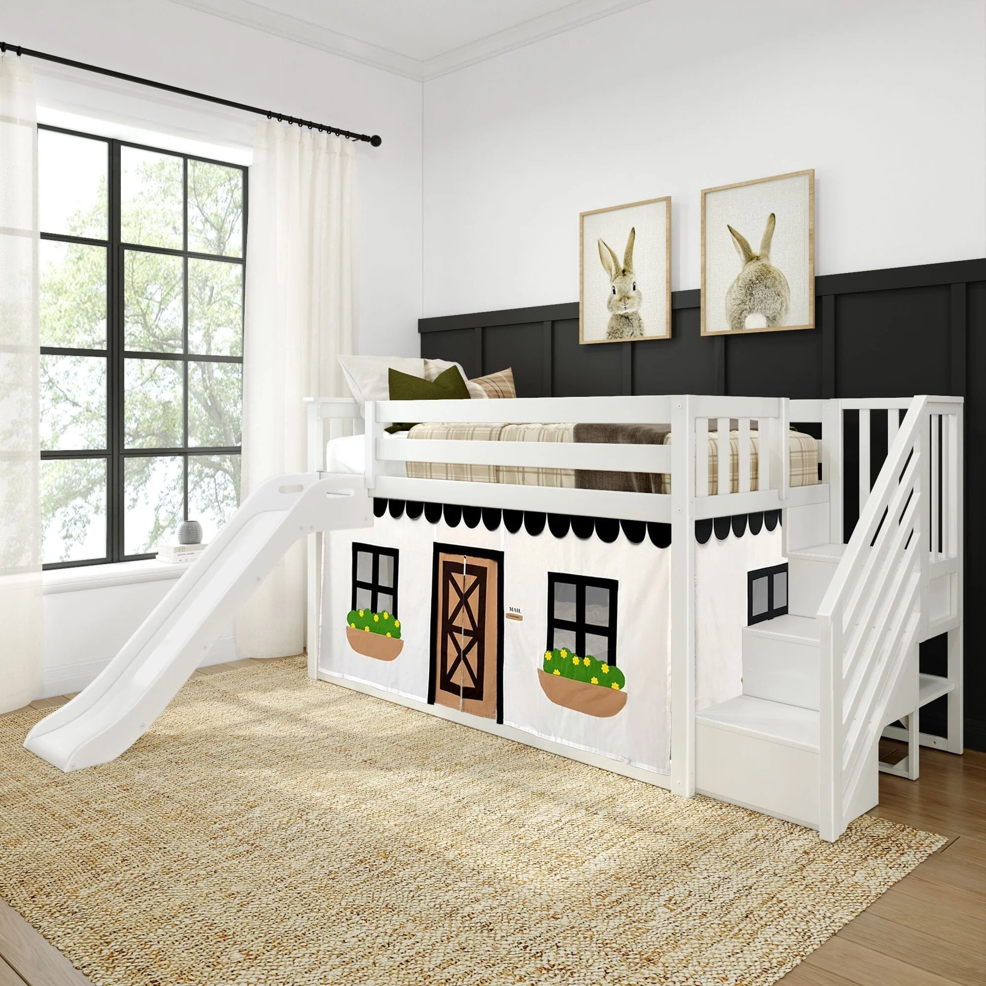 Twin Over Twin Low Bunk Bed with Stairs, Slide, & Black & White Farmhouse Curtain