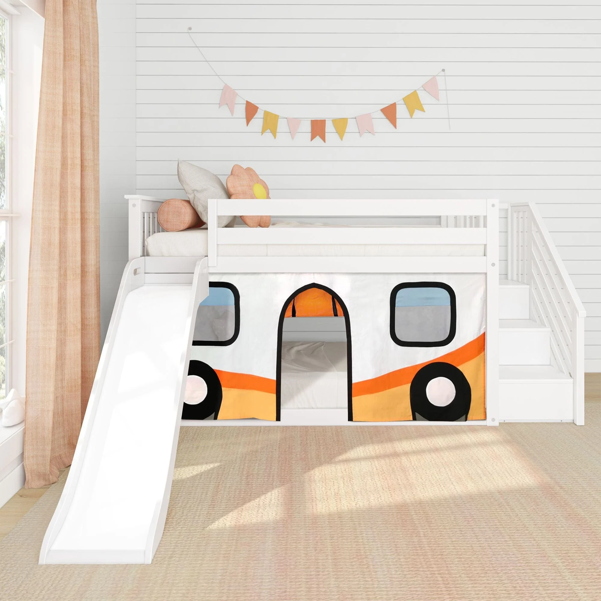Twin Over Twin Low Bunk Bed with Stairs, Slide, & Camper Van Curtain - Image 3