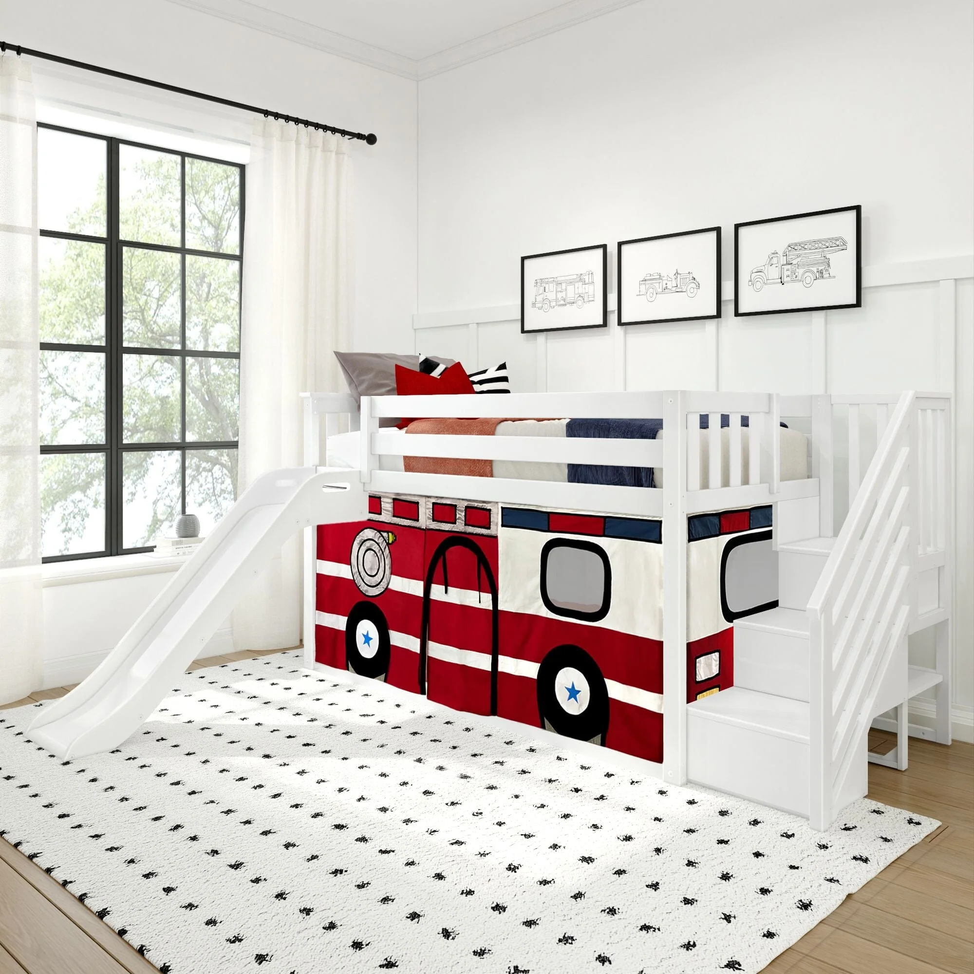 Twin Over Twin Low Bunk Bed with Stairs, Slide, & Firetruck Curtain