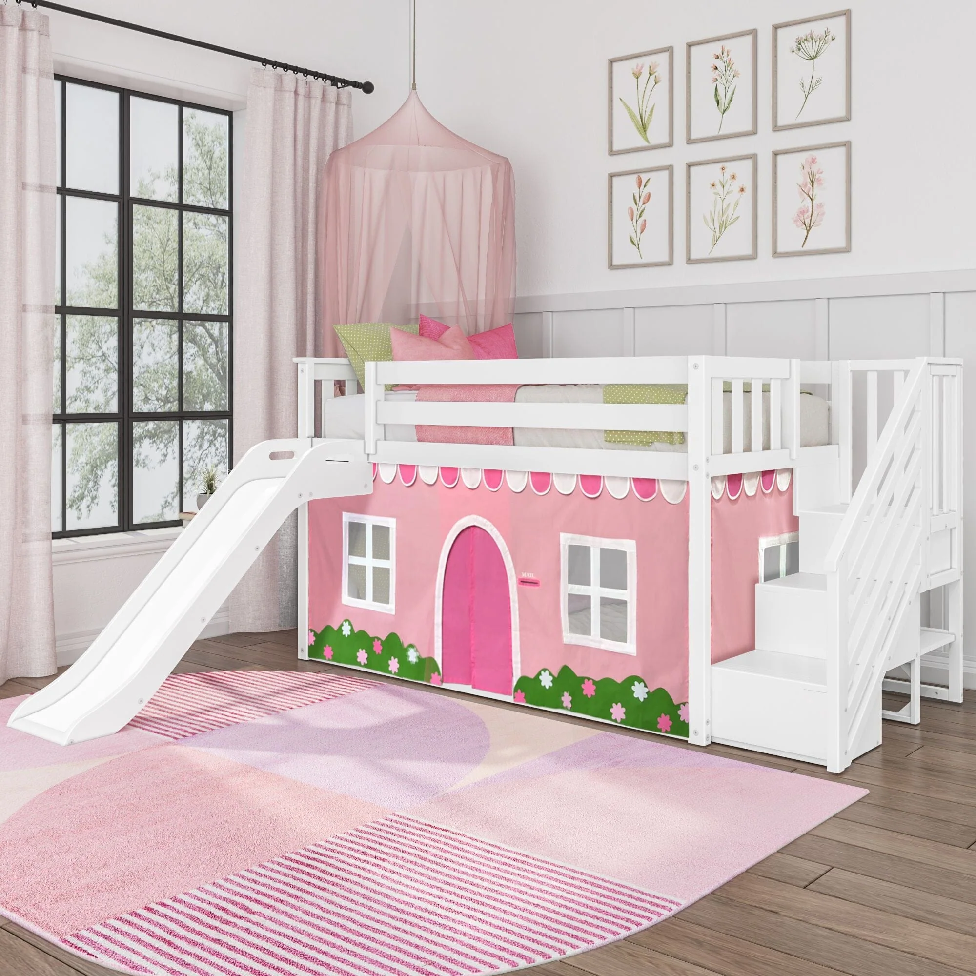 Twin Over Twin Low Bunk Bed with Stairs, Slide, & Pink & White Farmhouse Curtain