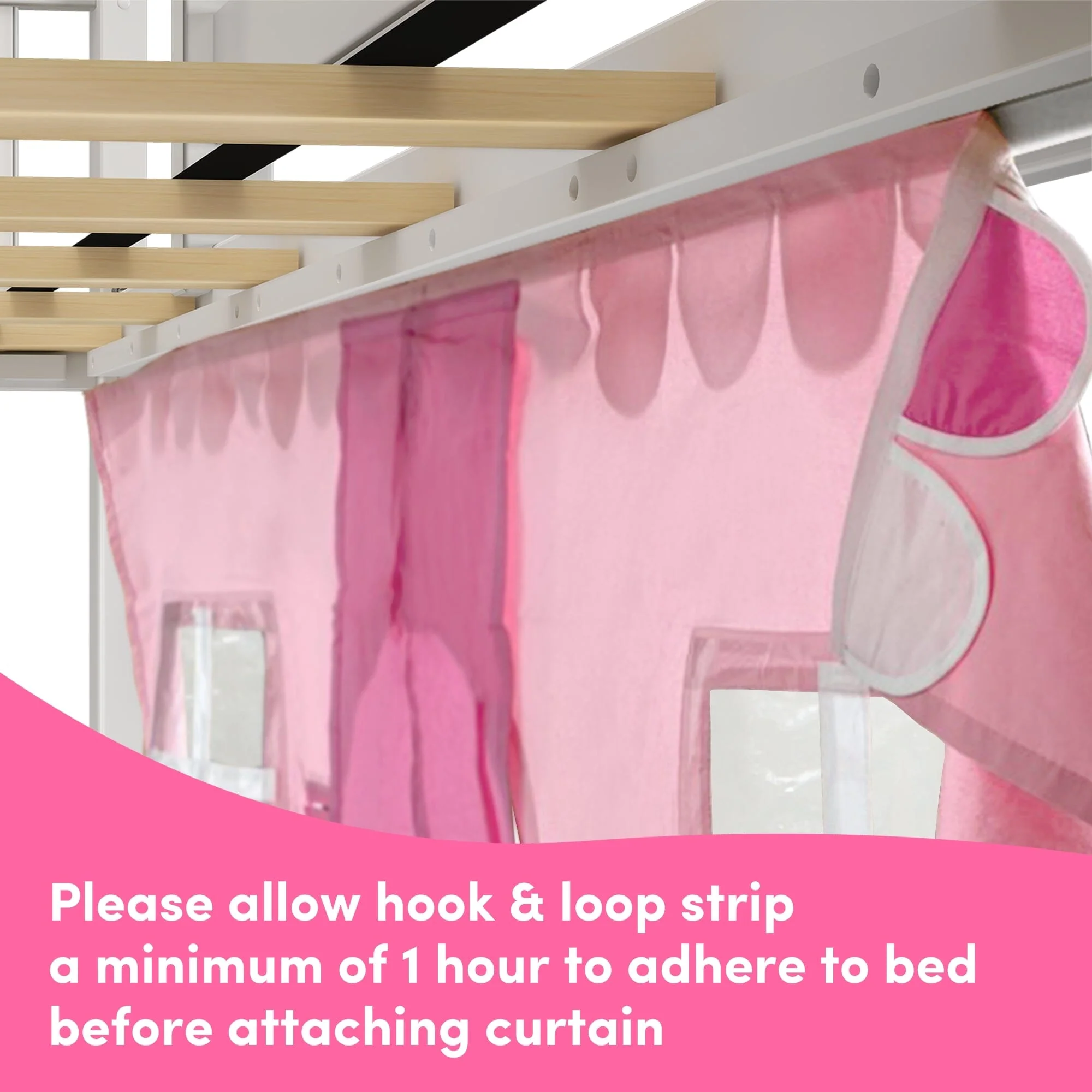 Twin Over Twin Low Bunk Bed with Stairs, Slide, & Pink & White Farmhouse Curtain - Image 9